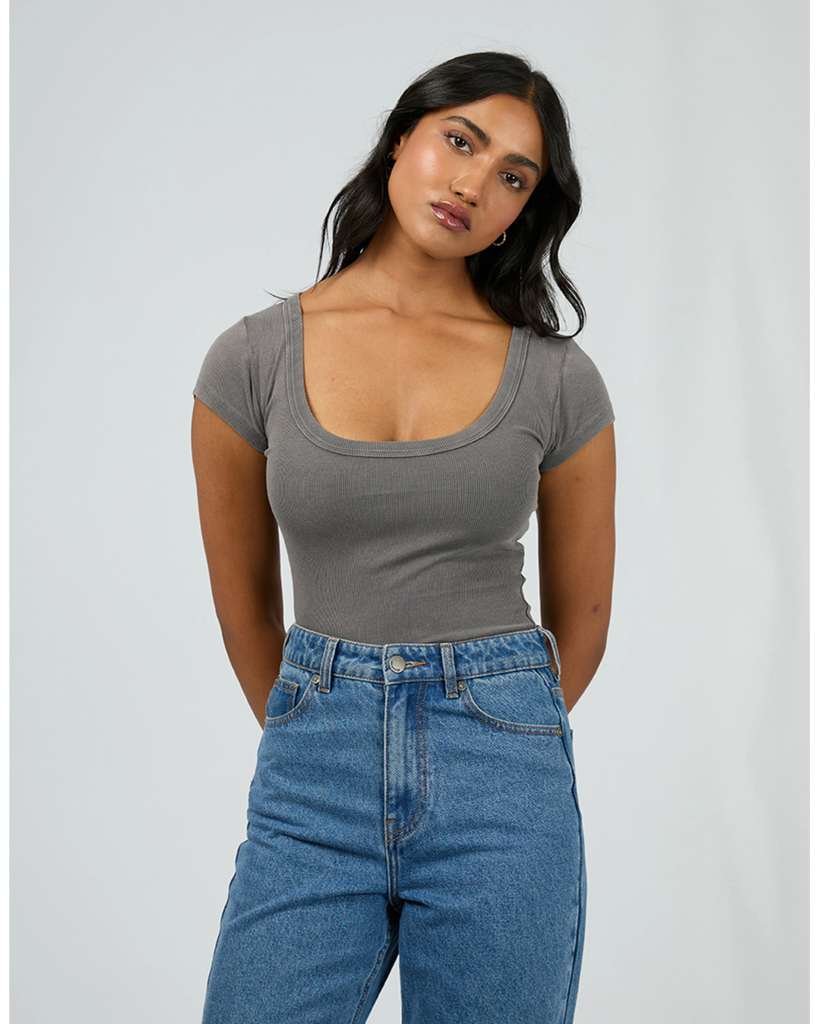 All About Eve Washed Rib Scoop Neck Tee - Charcoal