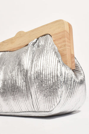 Mira Metallic Pleated Timber Frame Clutch - Silver