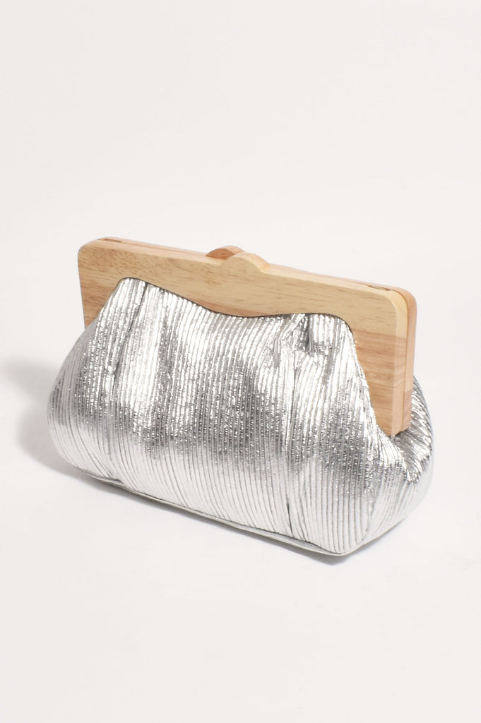 Mira Metallic Pleated Timber Frame Clutch - Silver