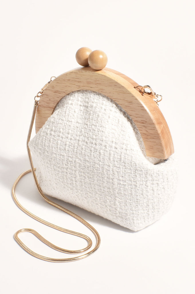 Adorne Etta Tweed Timber Frame Clutch - White