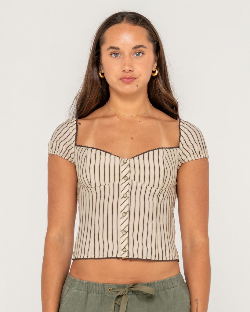 Rusty Sandy Button Up Top - Oatmeal Stripe